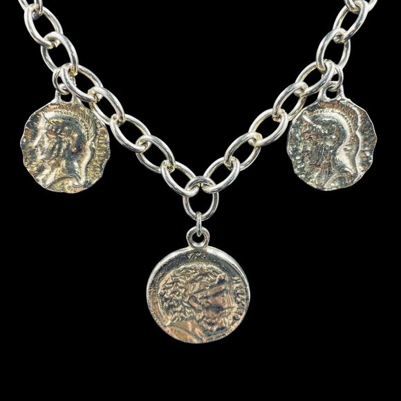 Vintage Style Gold Tone Chain Necklace With Multiple Roman Coin Charms Boho  18" - Picture 4 of 8